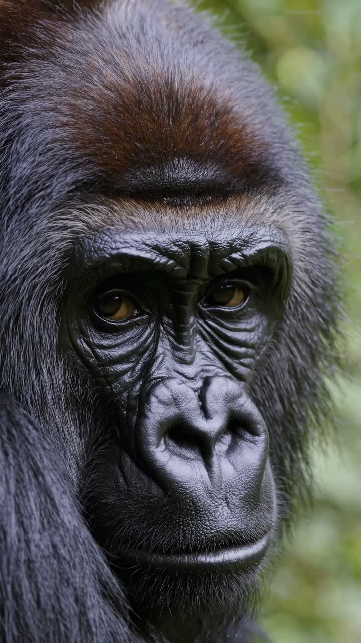 Close-up video frame of a gorilla's face, showcasing intricate details and textures