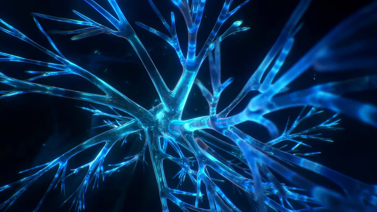 Abstract luminous blue network with branching lines and bright nodes spreading across a dark background, creating a futuristic sense of motion, energy