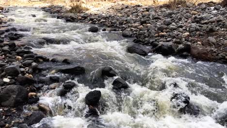 Pan-to-follow-the-water-flow-down-Oak-Creek,-Sedona,-Arizona