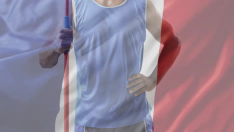 animation of flag of france over caucasian male javelin thrower