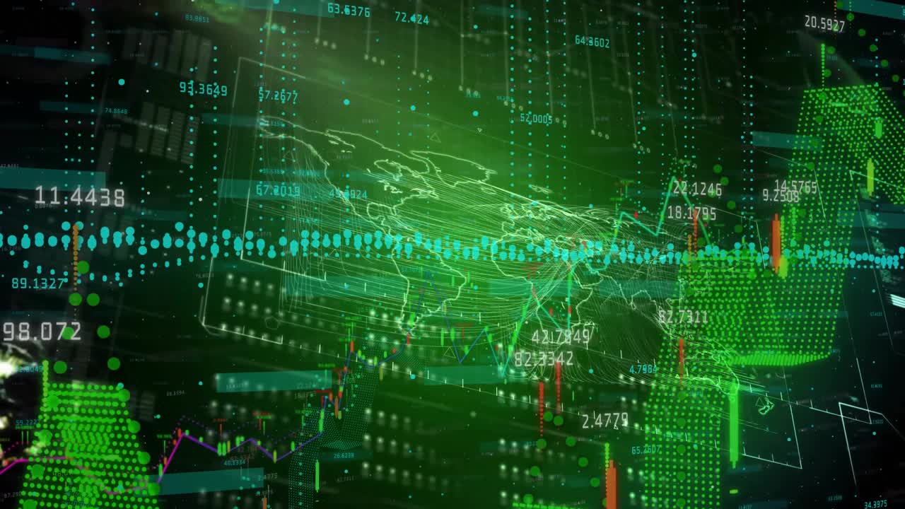 Green map outline appearing scanning beam flickering candlesticks arrow rising showing trends