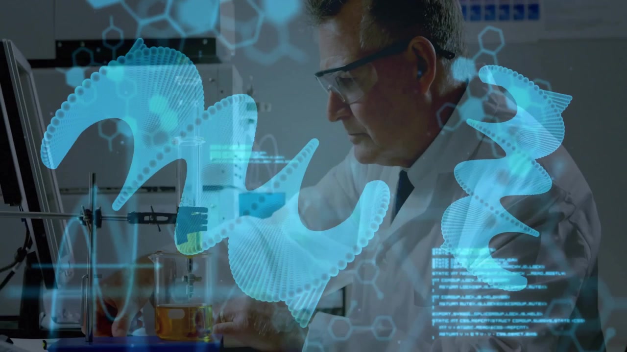 Scientist Working in Laboratory with Digital DNA Overlay