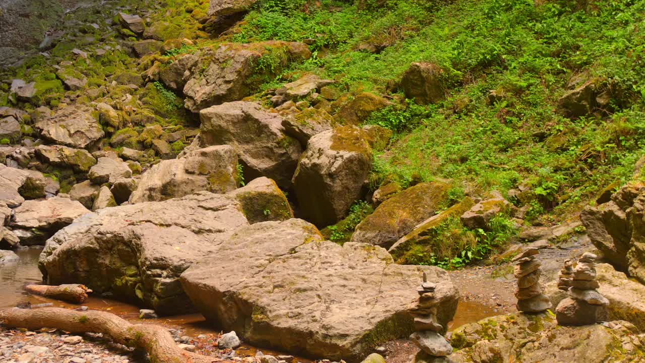 the natural beauty of a forest stream. Focus on the water flowing over mossy rocks, creating a peaceful, relaxing, and natural soundscape