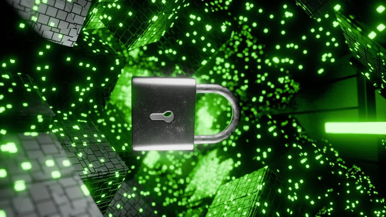 padlock floating among glowing digital cubes and green data grid blocks. 3D rendering. Cybersecurity and data protection concept. Design for banner, poster, wallpaper, and header. vertical