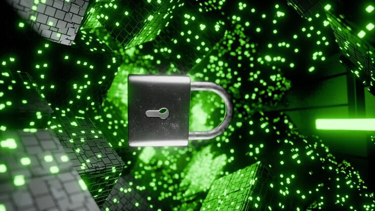 padlock floating among glowing digital cubes and green data grid blocks. 3D rendering. Cybersecurity and data protection concept. Design for banner, poster, wallpaper, and header. vertical