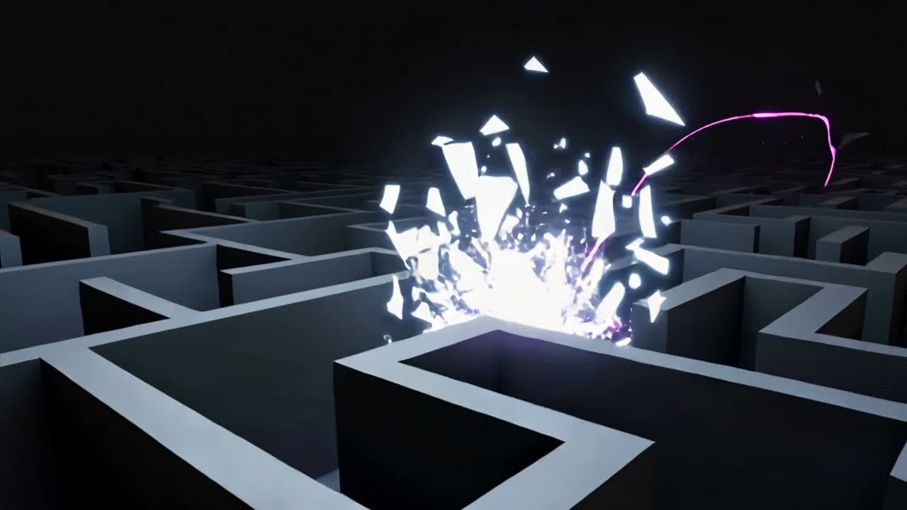 Appearing upper right, magenta streak cutting above gray maze to open gaps, scattering shards