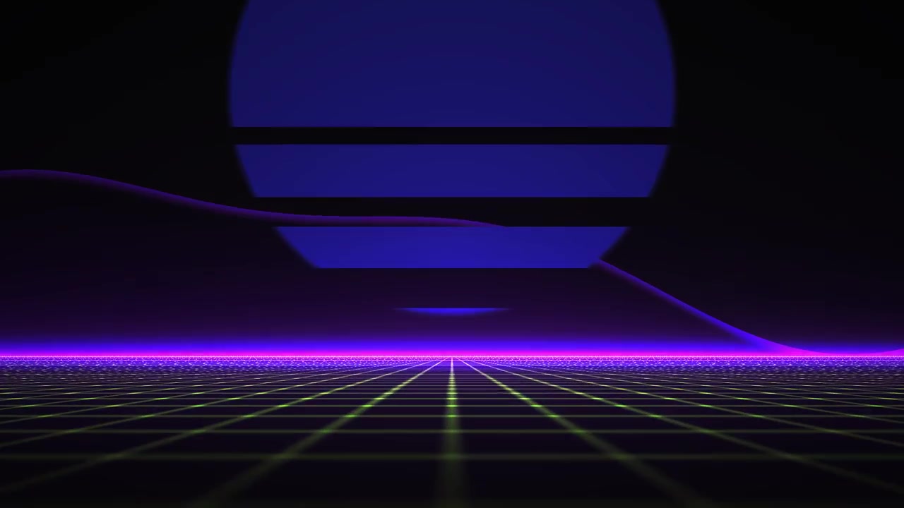 Paesaggio digitale in stile retro synthwave con griglia luminosa e sole