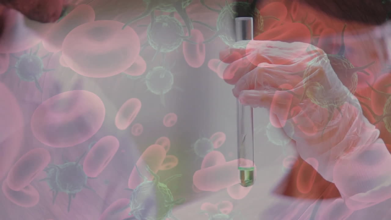 animación de científicos caucásicos con tubo de ensayo en laboratorio sobre células