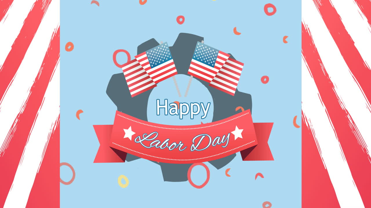 미국 국기 별과 줄무 ⁇  위의 행복한 노동의 날 텍스트의 애니메이션