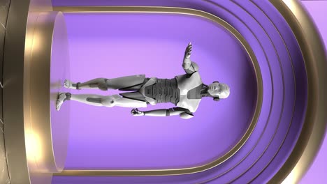 robot ai futurista en el podio de exhibición de productos con fondo púrpura, vertical