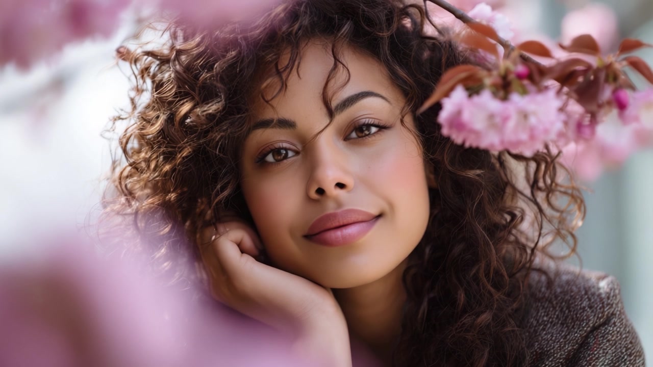 Una giovane donna con i capelli ricci posa tra fiori rosa in fiore, mostrando la sua bellezza e il suo fascino, catturando un momento sereno nella natura con un sorriso radioso