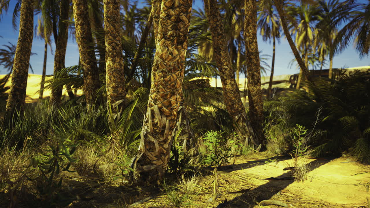 Lush palm oasis surrounded by golden desert sand at sunset