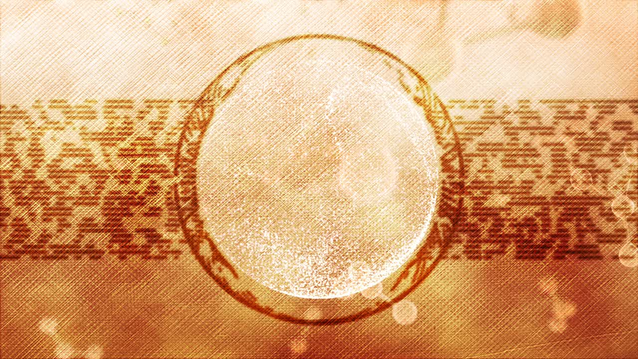 오렌지색 배경에는 회전하는 지구와 활성 입자가 있습니다.