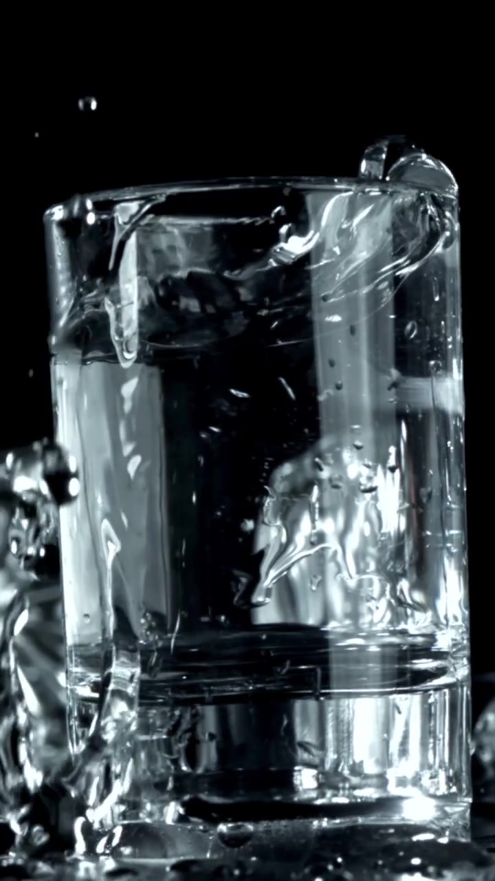 Acqua rinfrescante che schizza in un bicchiere su uno sfondo scuro.