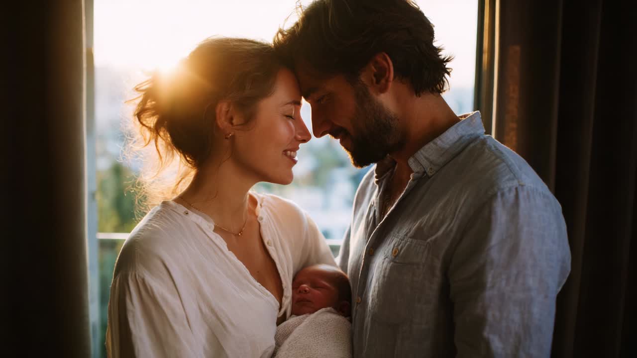 A Cherished Moment of Intimacy: A New Parent Couple Embracing Their Tiny Bundle of Joy in a Sunlit Room, Capturing Love, Joy, and Tenderness in a Heartwarming Family Scene