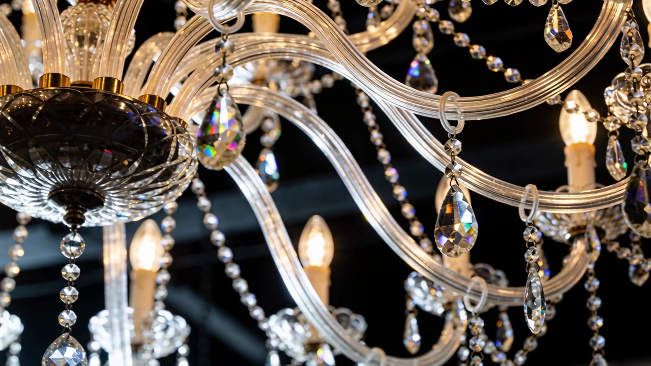 Panning camera moving closer at showroom ceiling, revealing teardrop pendants and candle bulbs