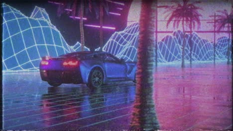 retrofuturistic corvette in a cyberpunk paradise