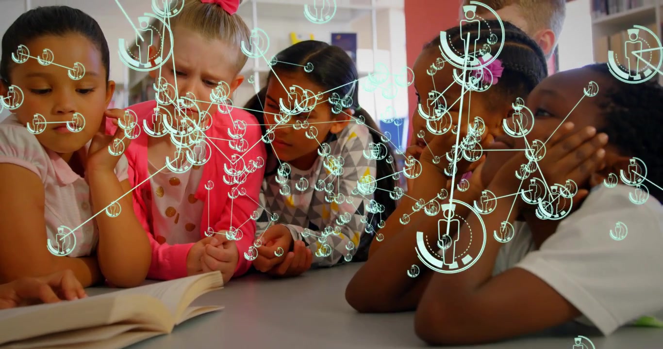 Diverse Group of Children Reading with Teacher in Library