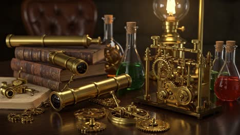 an intriguing steampunk scene featuring antique telescopes, books, gears, and colorful laboratory glassware under warm ambient lighting