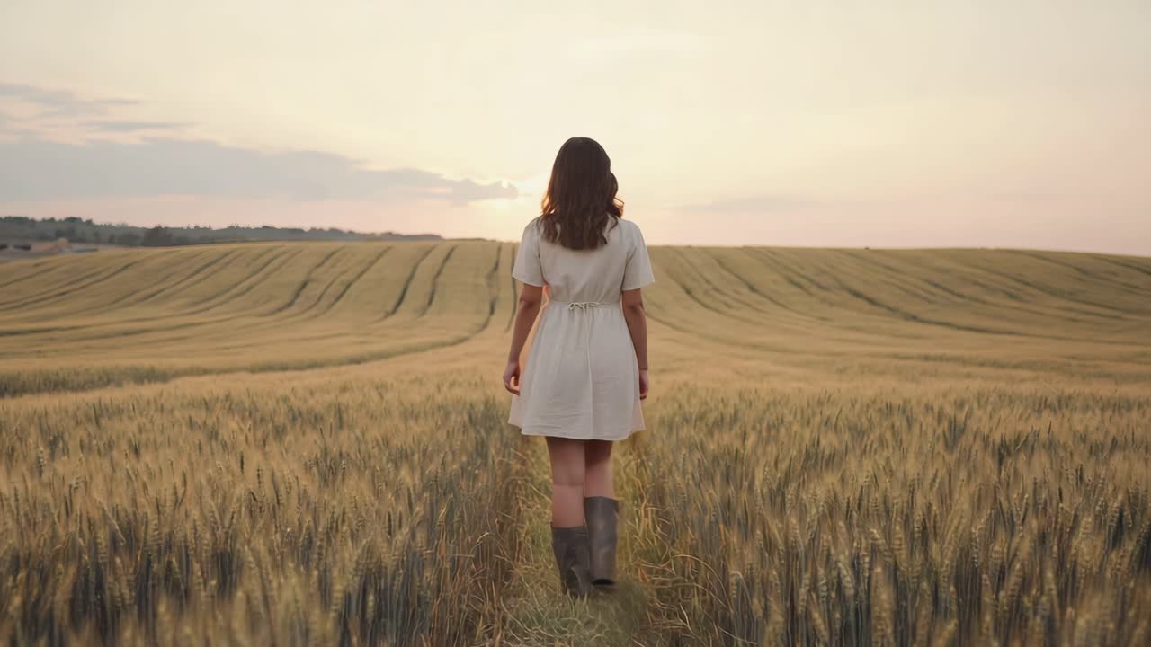 Woman walking through a wheat field at sunset | Premium Stock Video Footage