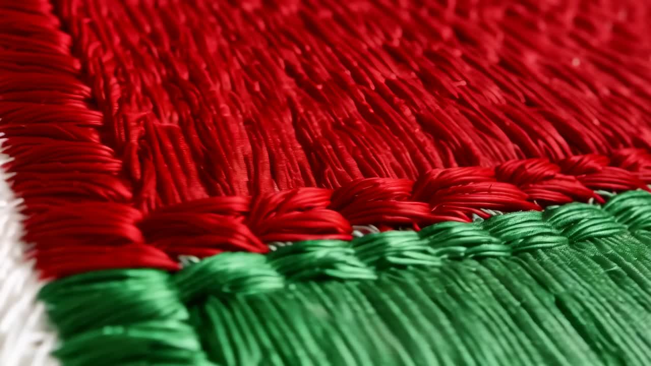 Shifting camera revealing textile on table, showing braided white seam and red-green satin stitches