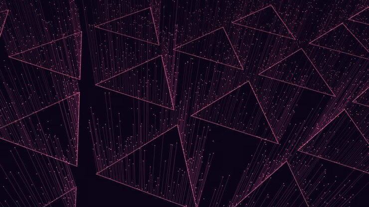 Geometrinen digitaalinen taide: monimutkaisia vaaleanpunaisia kolmioita mustalla taustalla