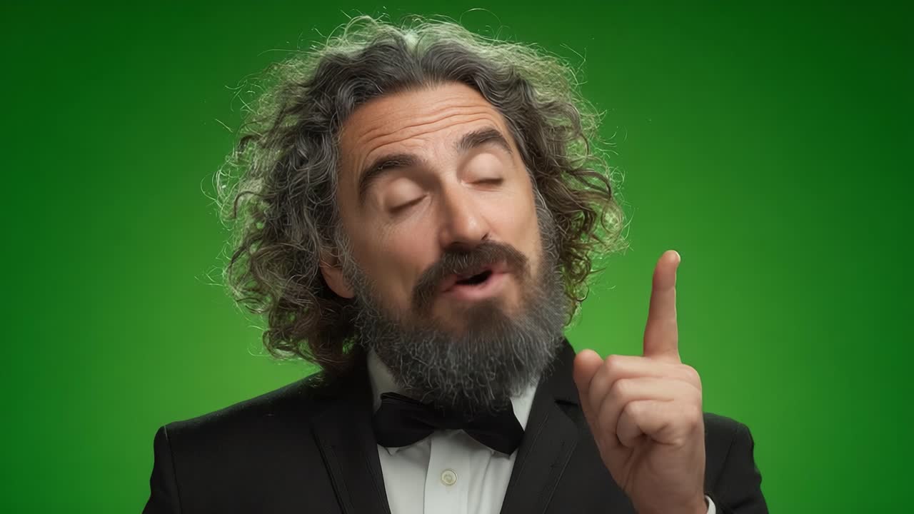 Un Distinto Signore con Capelli Ricci e Barba Emana Curiosità e Intuizione, Vestito in Abito Formale Su uno Sfondo Verde Vibrante