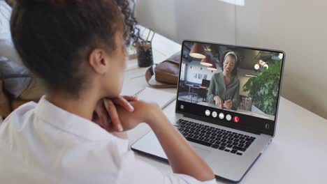 African-american-woman-using-laptop-for-video-call,-with-business-colleague-on-screen