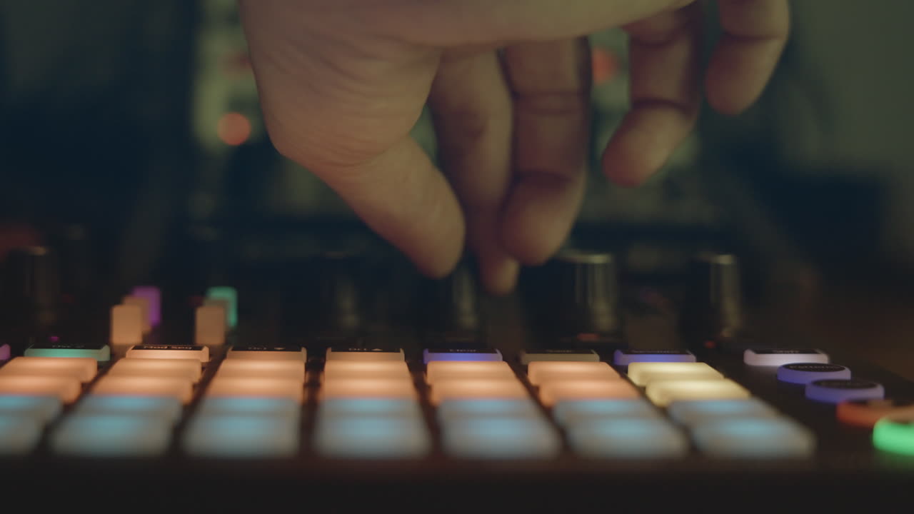 Close-up van een hand die knoppen indrukt op een muziekproductiecontroller.
