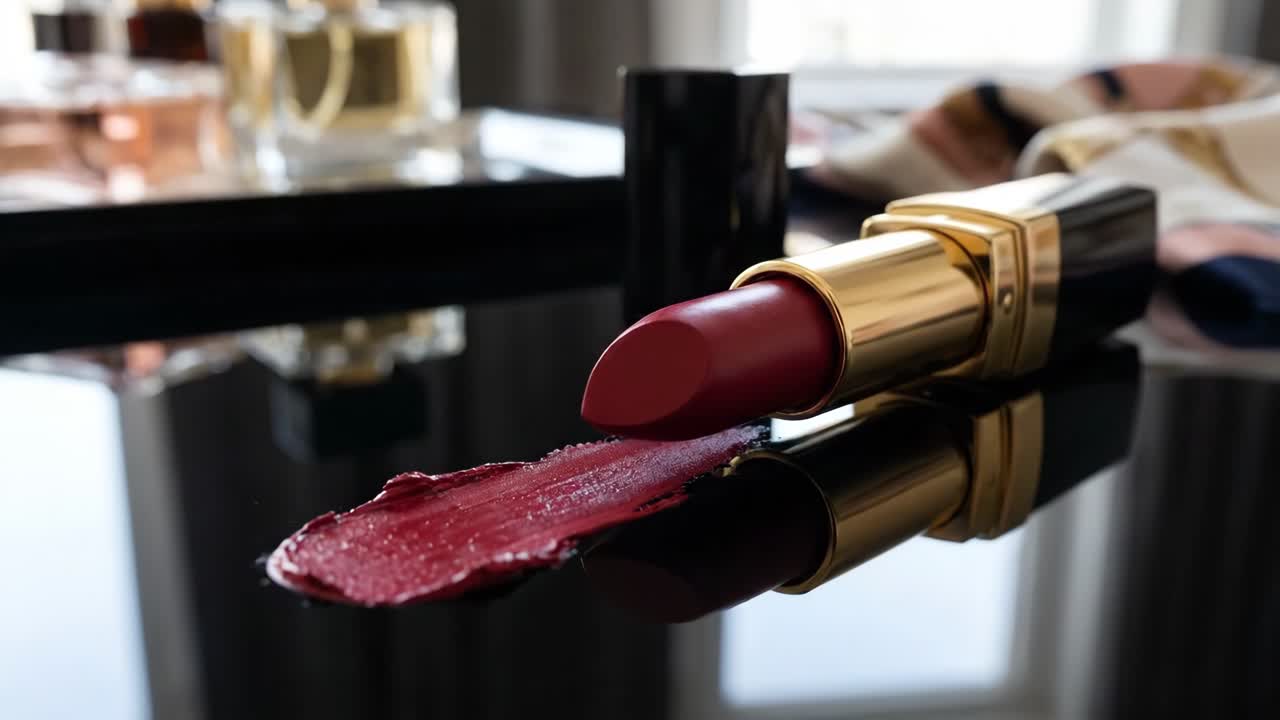 Luxurious Red Lipstick and Perfume Bottles on Reflective Surface