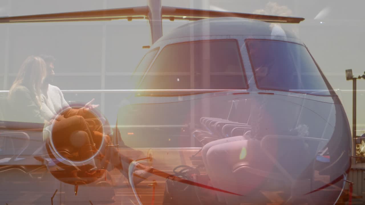 공항에서 비행기를 기다리는 다양한 사람들의 애니메이션