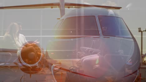 animación de diversas personas esperando en el aeropuerto sobre el avión