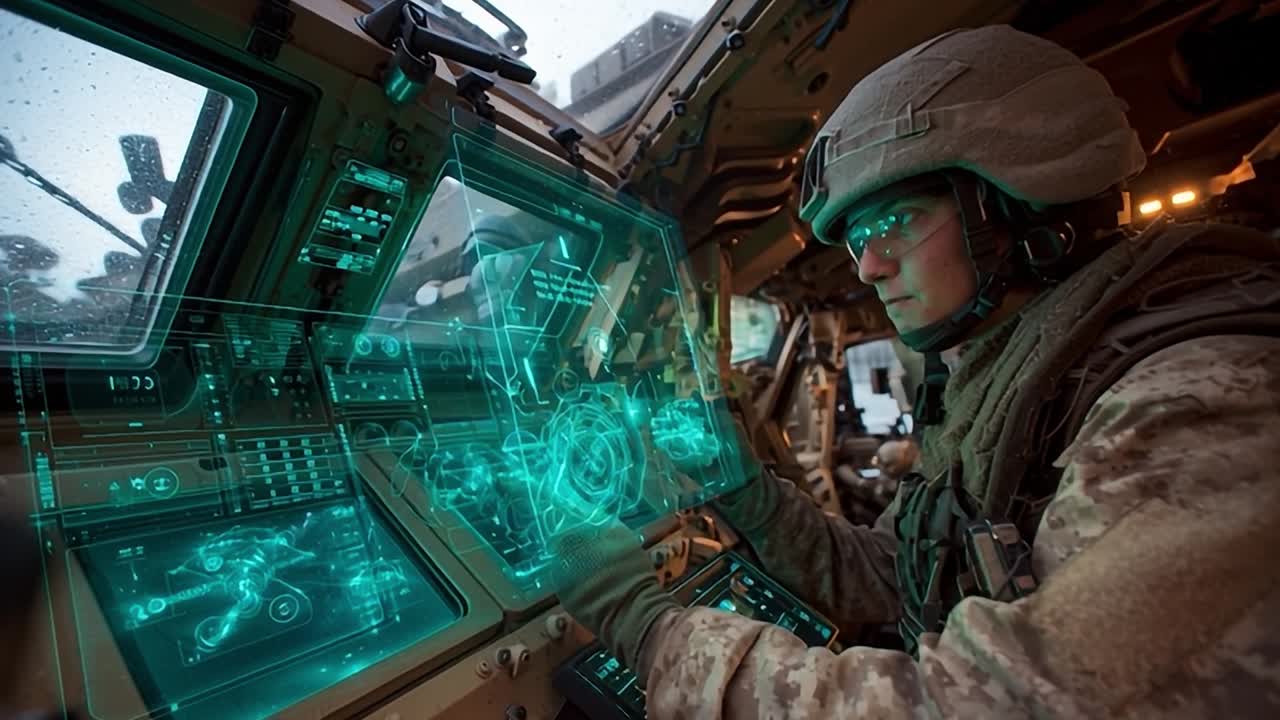 Military personnel operates advanced technology in tactical vehicle