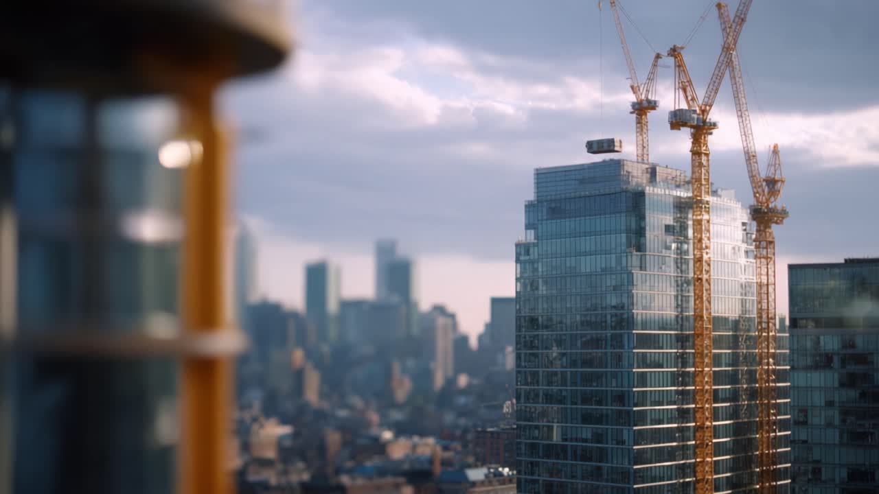 Escena de construcción moderna con grúas torre y un perfil urbano al atardecer, que ilustra el desarrollo urbano y la progresión arquitectónica.