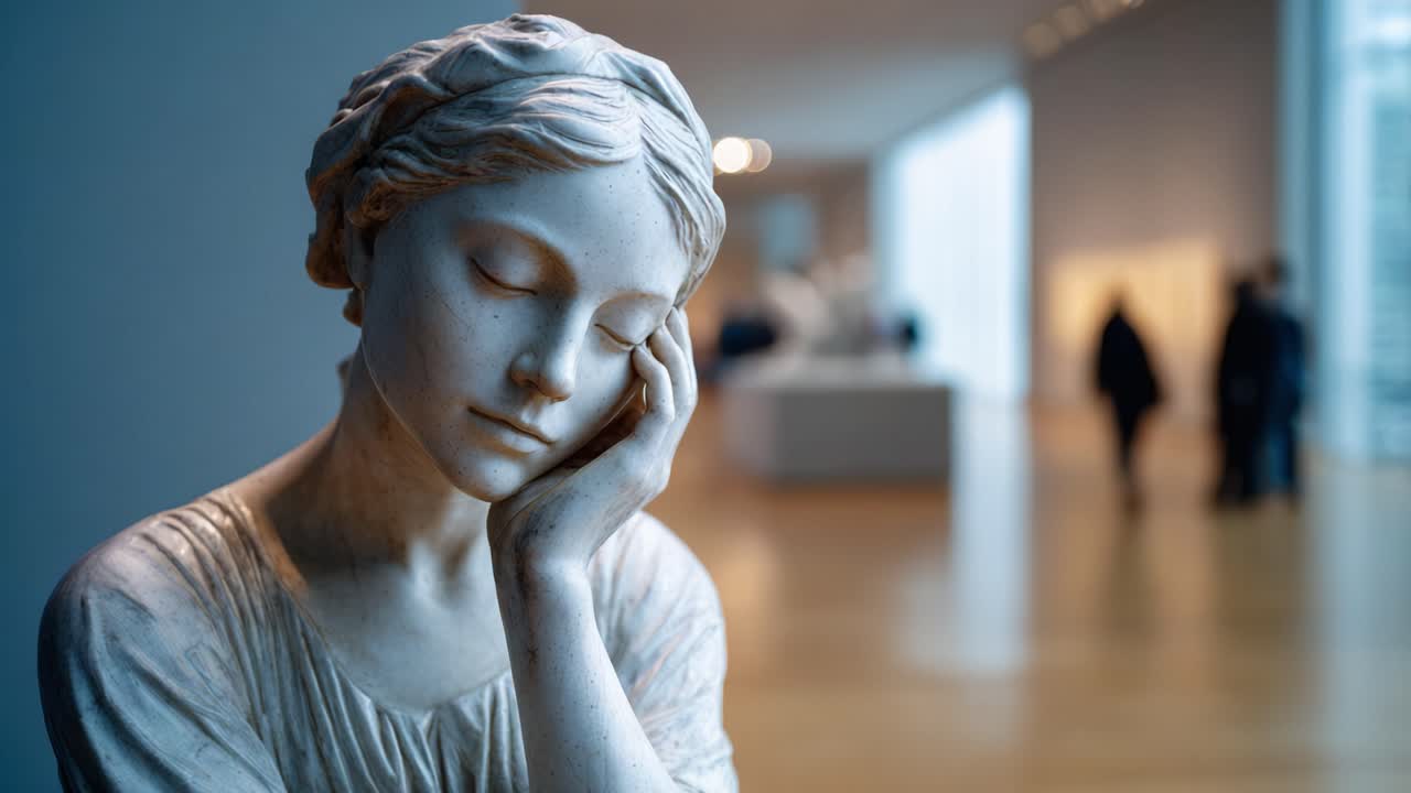 Una scultura serena che contempla bellezza ed emozione in una galleria d'arte moderna con un'illuminazione soffusa e un'estetica minimalista, creando un'atmosfera suggestiva.