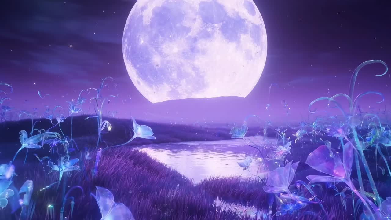 Scena video surreale con ripresa dal basso di fiori luminosi sotto un grande cielo illuminato dalla luna, desktop live