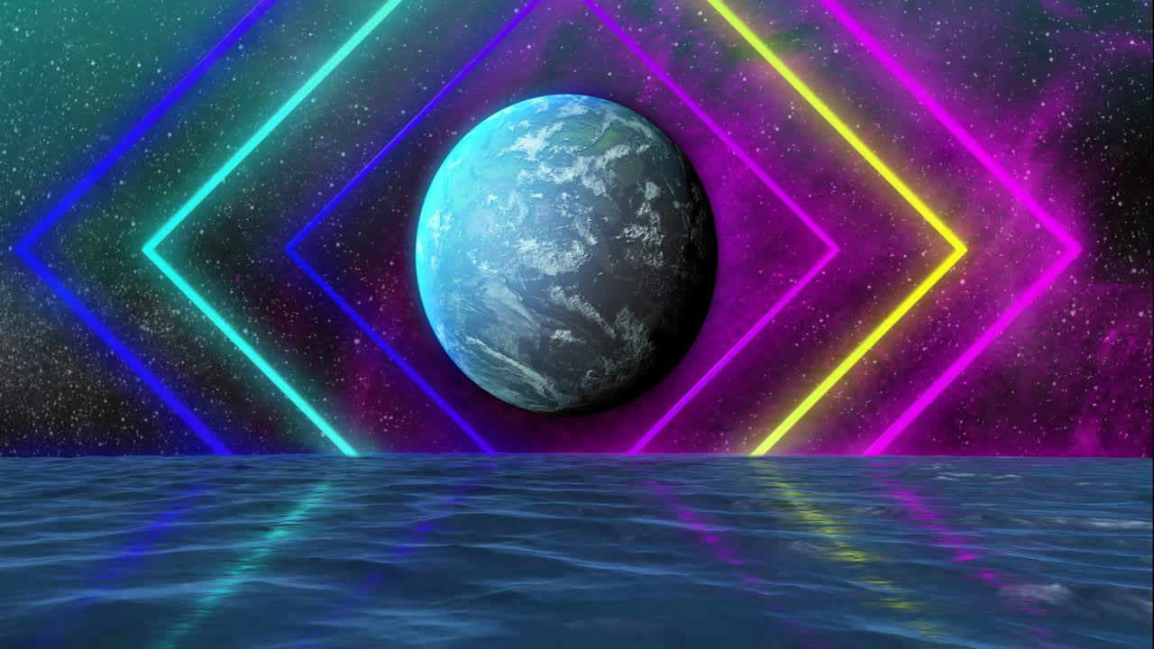 Animation of colourful shapes over planet and water on sky with stars