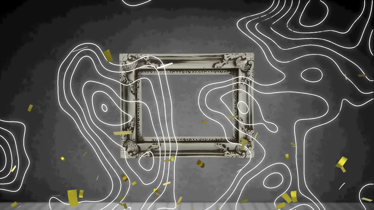 animación de formas blancas y confeti moviéndose sobre el marco sobre fondo negro