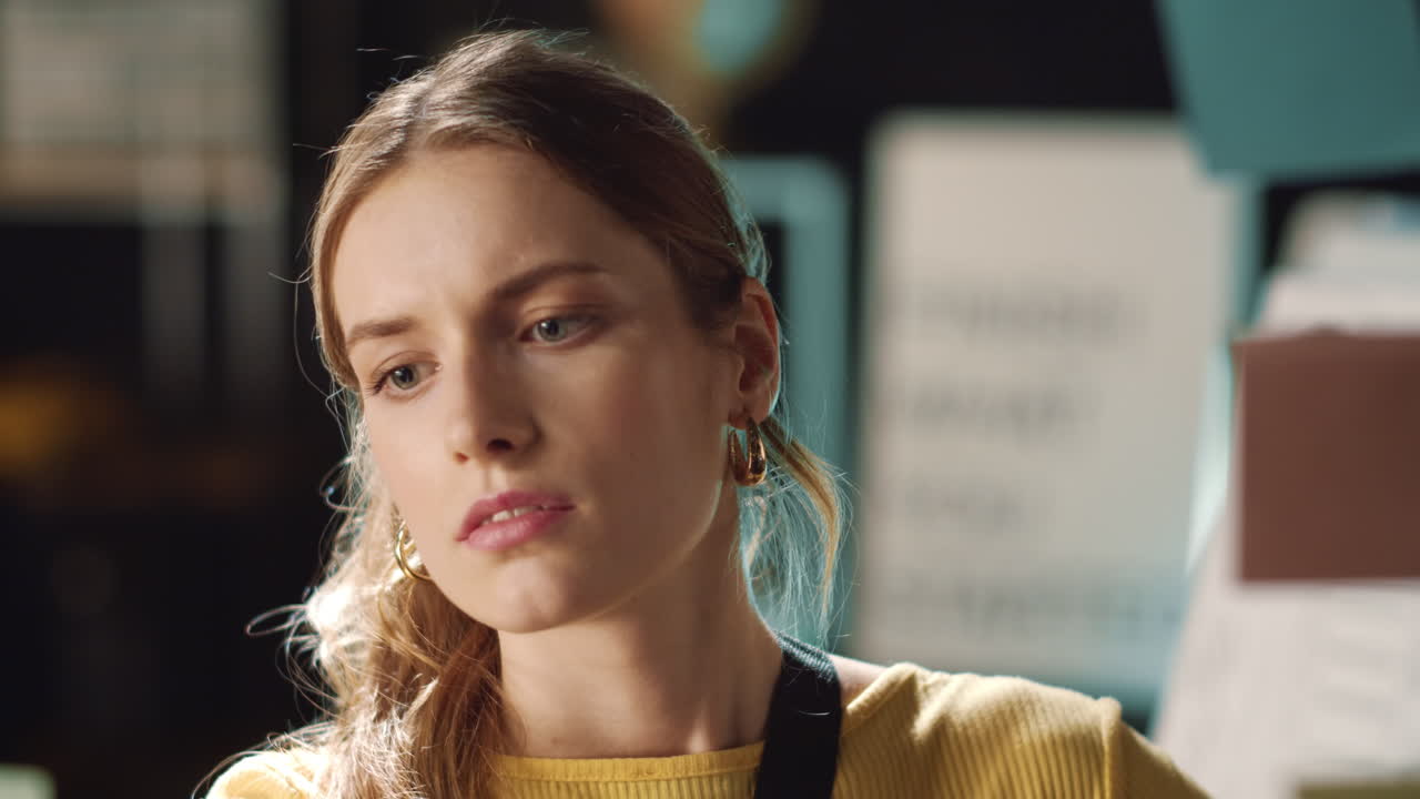 Closeup confident hipster girl finding proper job solution in night office