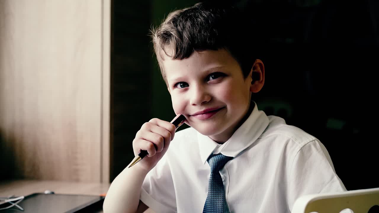Ritratto in primo piano di un bambino che si prepara per andare a scuola, sorride 1