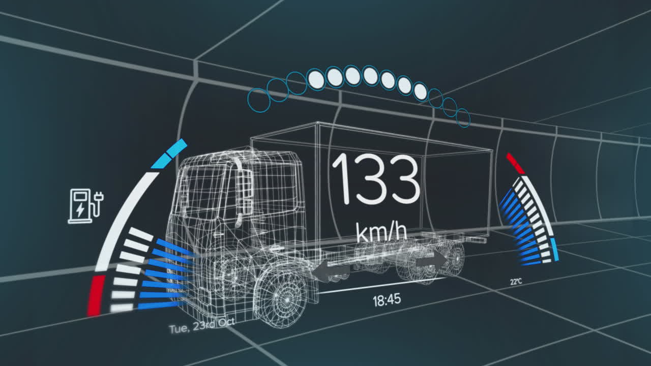 animación del velocímetro, el gps y los datos del estado de carga en la interfaz del vehículo, en un modelo de camión 3d