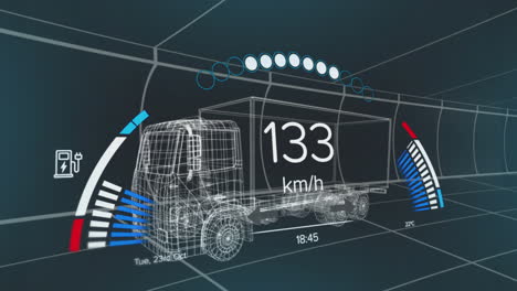 animación del velocímetro, el gps y los datos del estado de carga en la interfaz del vehículo, en un modelo de camión 3d