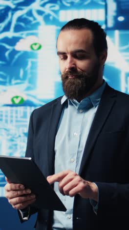 vertical video entrepreneur uses laptop to review artificial intelligence brain system
