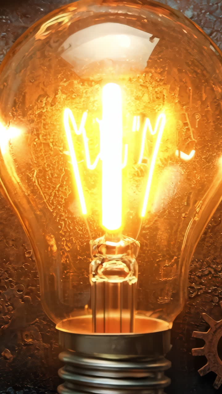 A light bulb is lit up in front of a bunch of gears. The light bulb is the only thing that is lit up in the image