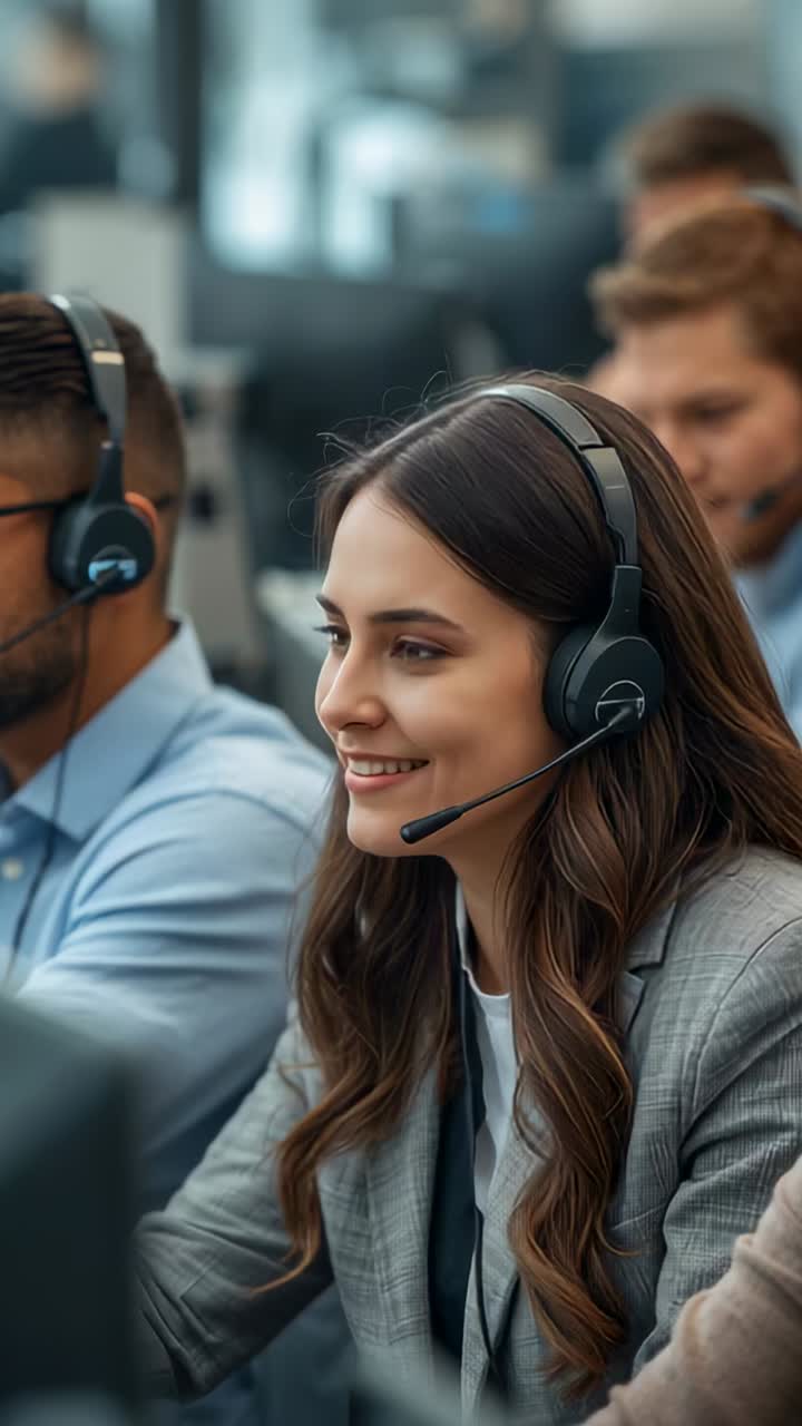Vertical video: Responding to call woman in gray blazer speaking then typing at desk with headset