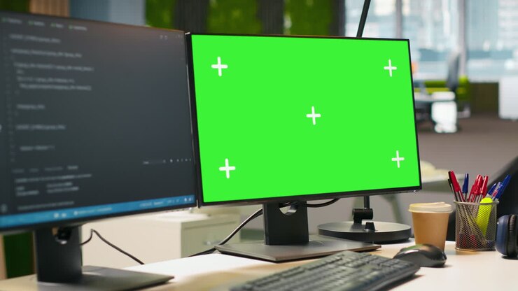 Isolierter Bildschirm: Computermonitor in modernem Startup-Büro zeigt Code an.