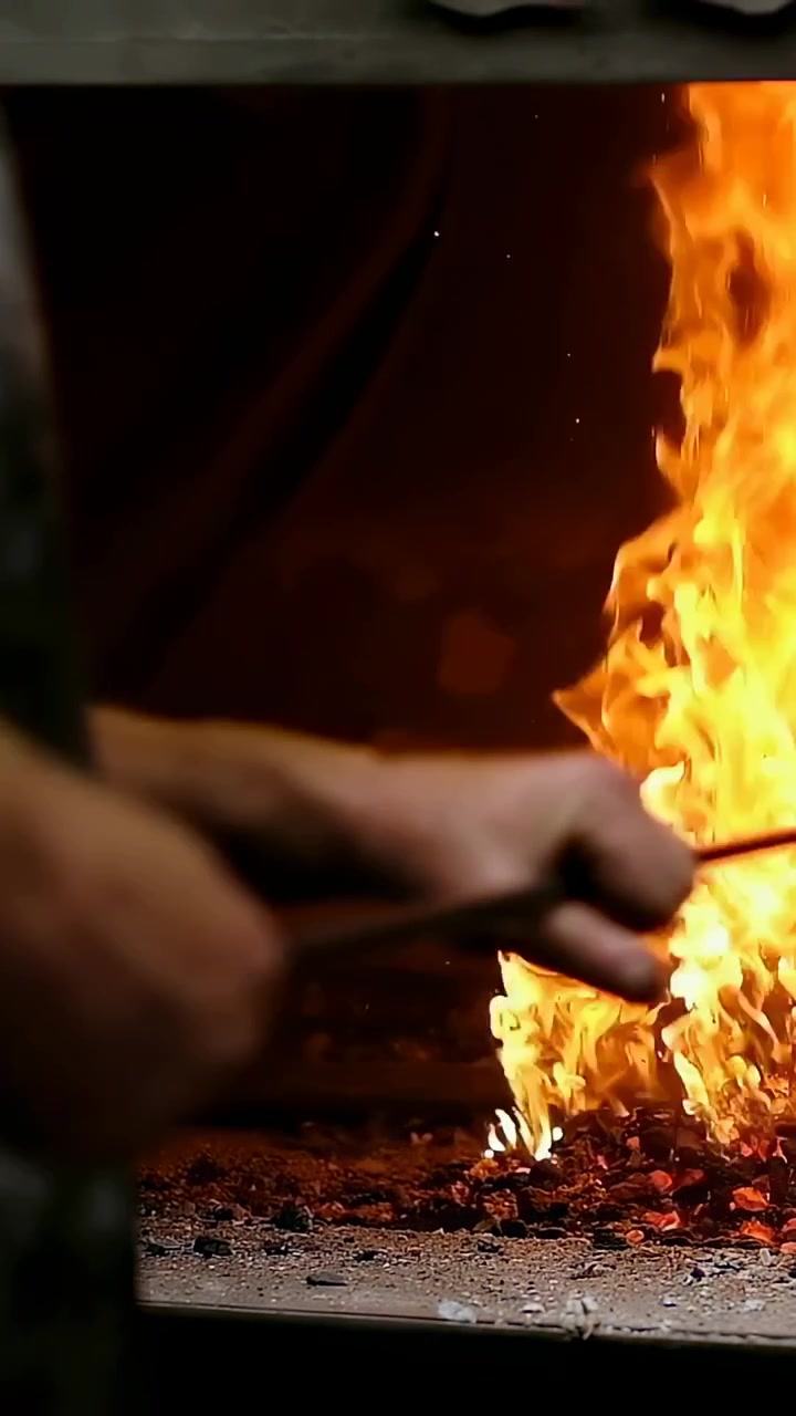 Vertical video: Placing iron rod into coal forge, smith heating to forge, turning with tongs, apron