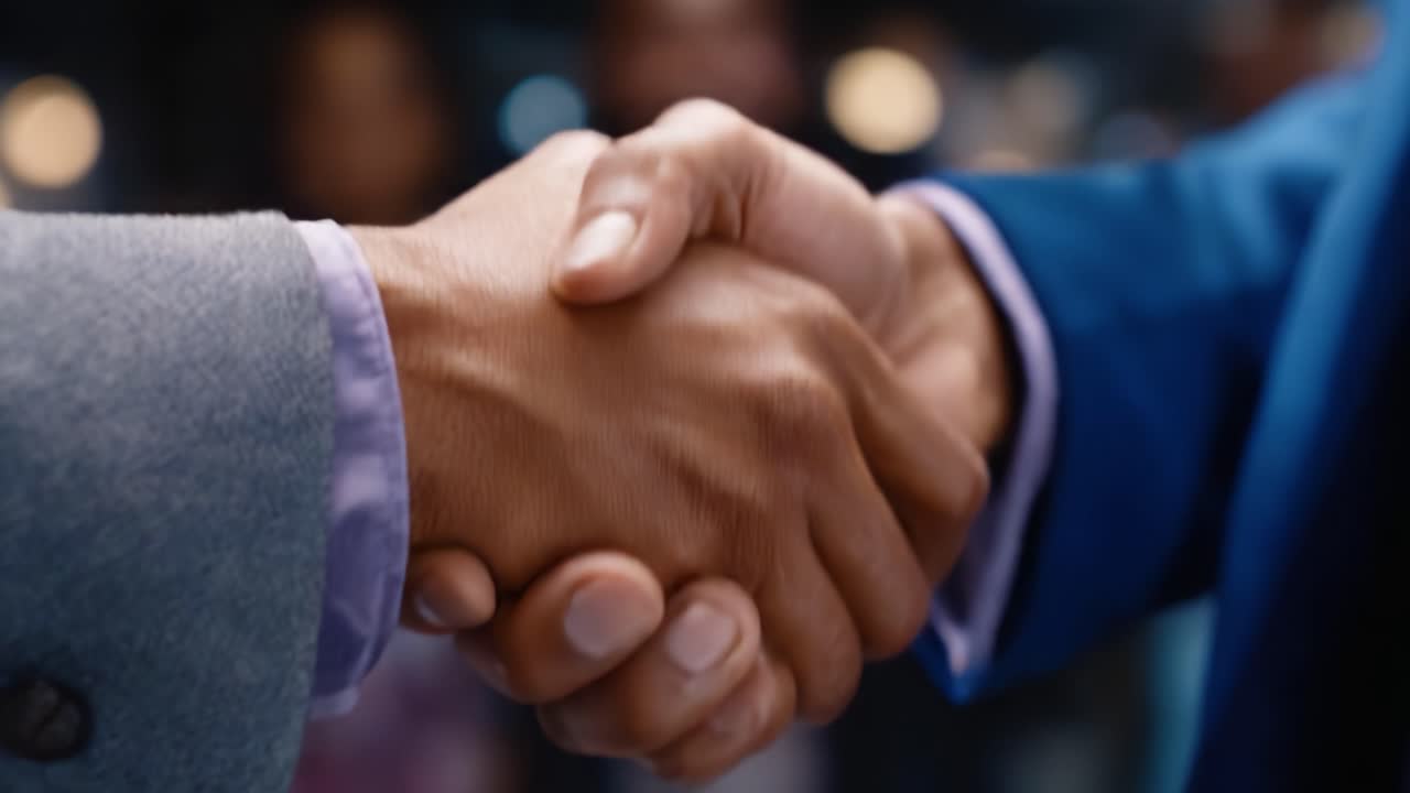 Two Individuals Engaging in a Firm Handshake, Signifying Agreement, Trust, and Partnership in a Professional or Social Context
