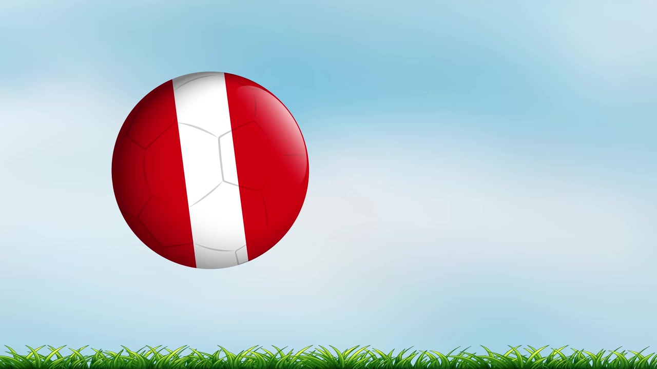 A red and white soccer ball bounces across green grass under a blue sky background.
