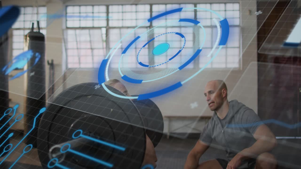 Woman performing overhead press on barbell on coach cue in gym, trainer spotting, HUD tracking form